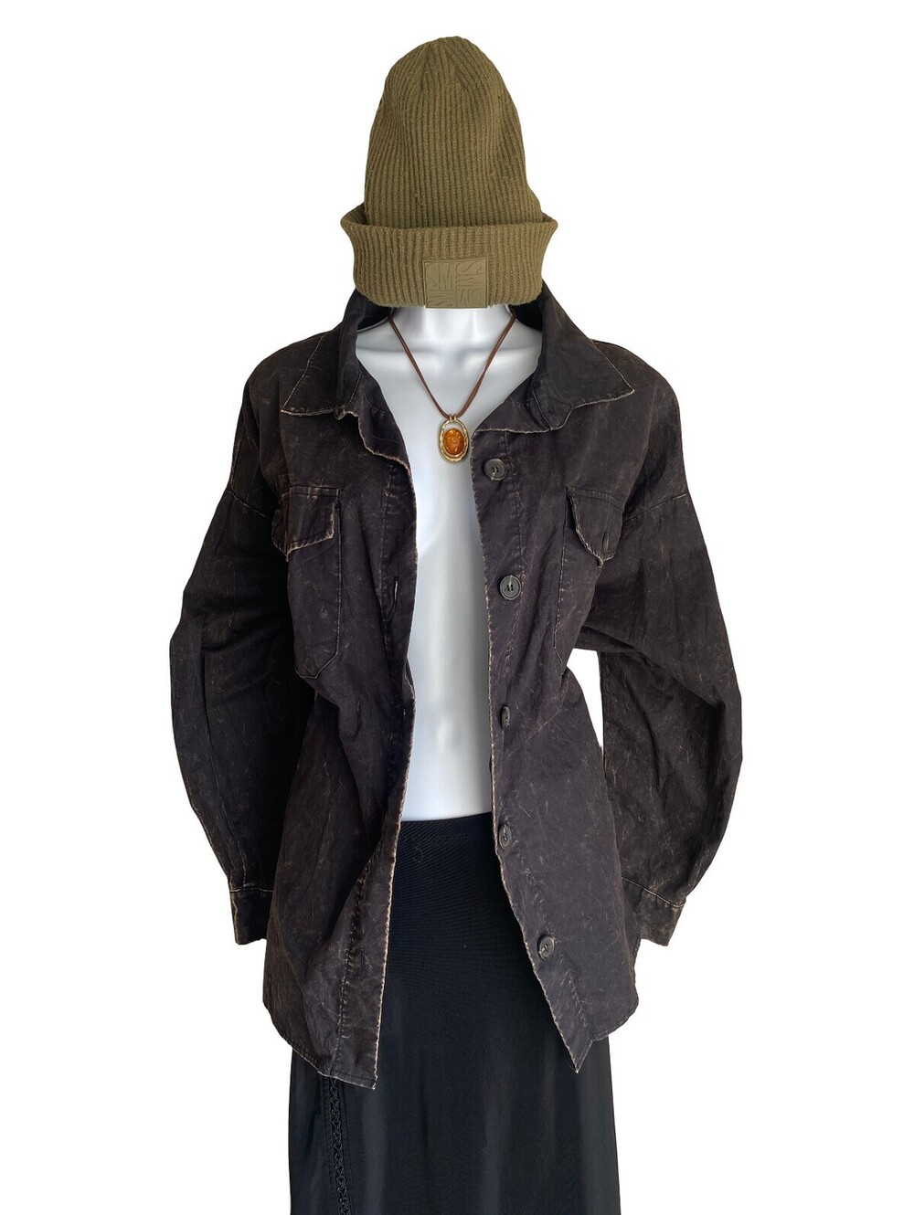 Zenana Women's Plus XL Dark Distressed Denim Button Up Shacket Jacket Whimsigoth